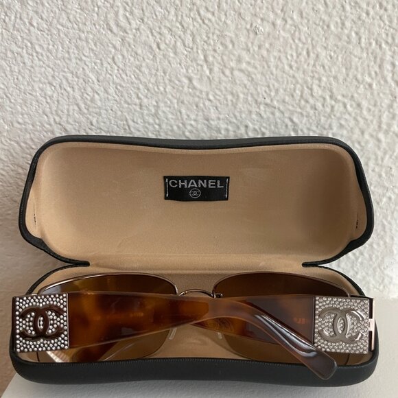 Chanel Rimless Brown Tortoise Sunglasses w/ Swarovski Crystals - Picture 2 of 3